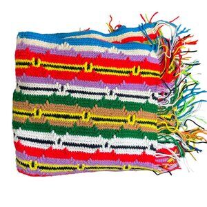 Vintage 70s Striped Crochet Knit Colorful Afghan Throw Blanket, XL Size 26"x72"